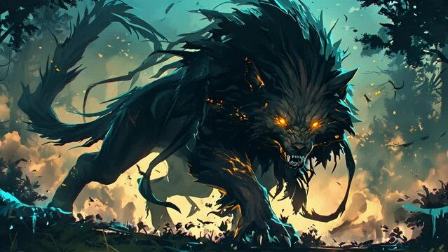 An elusive creature with a hulking muscular build and fur as dark as the nights sky silently prowls through the enchanted forest its piercing yellow eyes searching for prey.