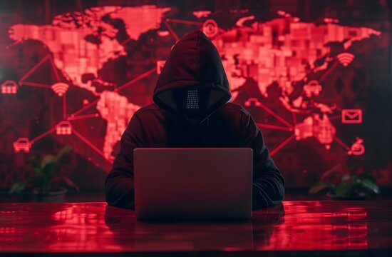 Neon face mask Hacker working laptop front view dark room Hacker Concept