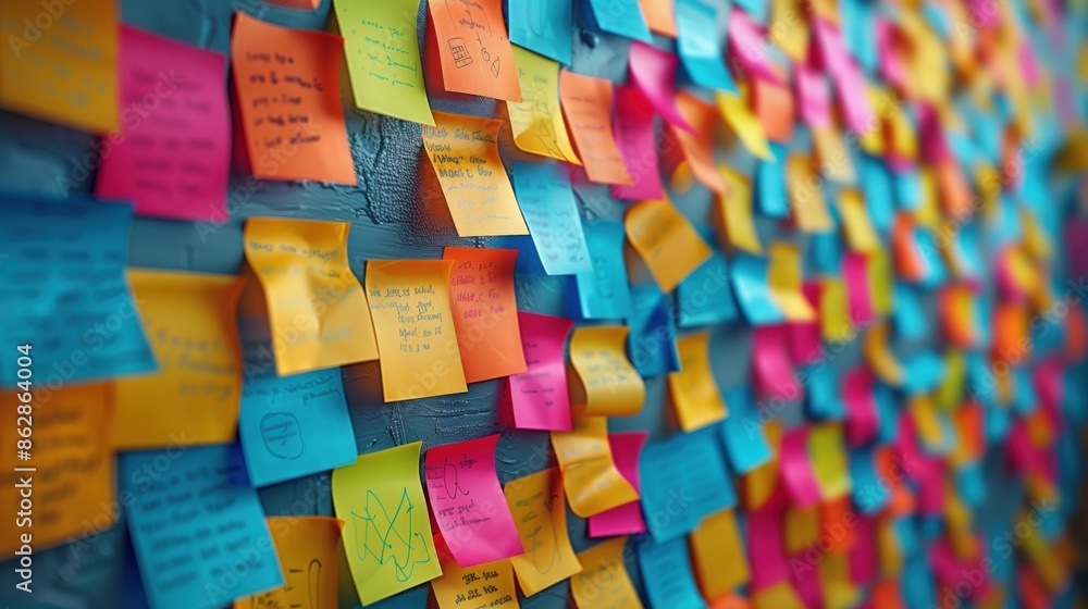 Poster sticky notes on wall with handwriting. close-up of colorful sticky notes with various handwritten me