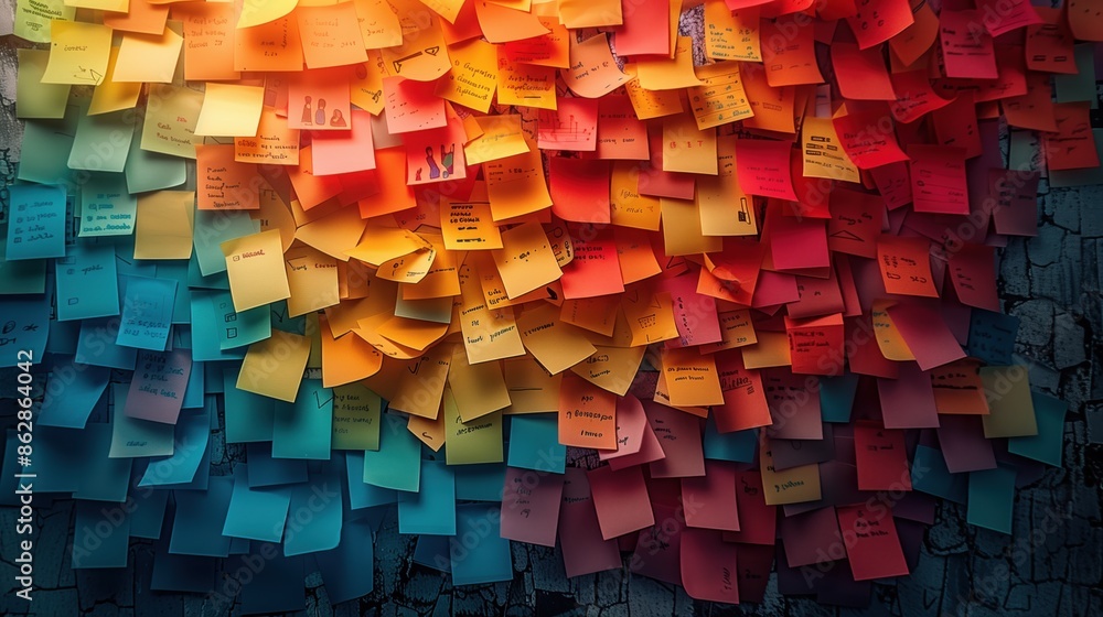 Poster sticky notes in gradient color pattern. wall covered with sticky notes arranged in a gradient color 