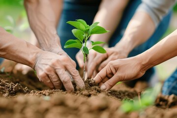 Group of hands planting a young tree sapling in soil, symbolizing teamwork and environmental conservation efforts.
