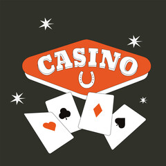 Gambling and entertainment in casino establishments. Vector set of games for winning money. Casino inscription with lucky horseshoe and playing cards