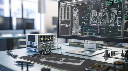 Product development, engineering solutions, high-tech workspace, electrical schematics, CAD interface