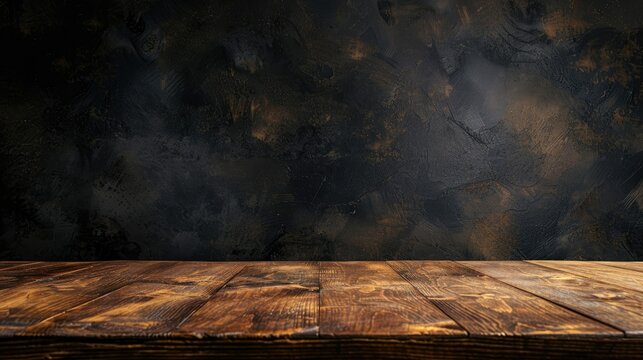 A wooden table is in front of a dark room wall background for advertising and product placement