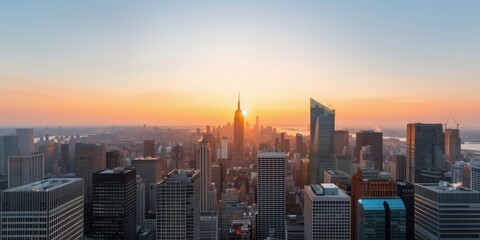 Fototapeta premium Sunset Over Skyscrapers in City. Beautiful sunset over a city with numerous skyscrapers and modern buildings, showcasing the vibrant urban environment.