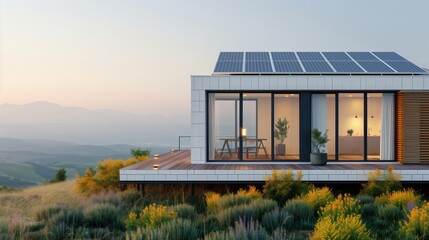 Modern Home with Solar Panels at Sunset. Modern home equipped with solar panels, set against a beautiful sunset backdrop in a natural, hilly landscape.
