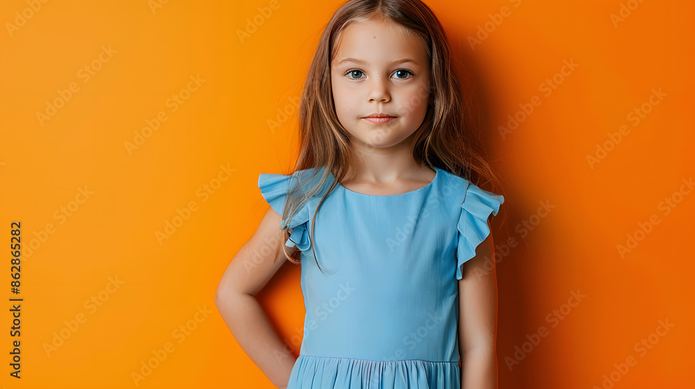 Poster Confident little girl in blue dress standing on vibrant orange background with hands on hips, ready to take on the world