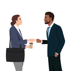 Young businessman and Business woman exchanging business name cards. Flat vector illustration isolated on white background