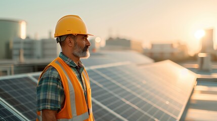 Obraz premium Engineer Inspecting Solar Panels at Sunrise. Engineer in a hard hat inspects rooftop solar panels at sunrise, ensuring optimal performance in an urban setting.