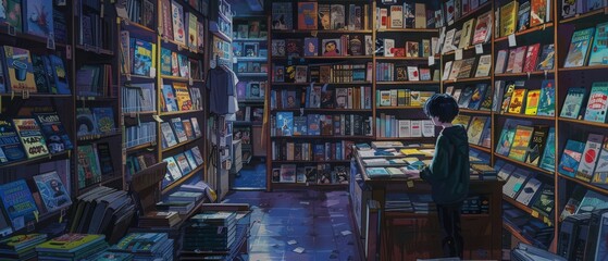 Cozy bookstore interior at night with a reader browsing crowded bookshelves filled with various colorful books and soft lighting.