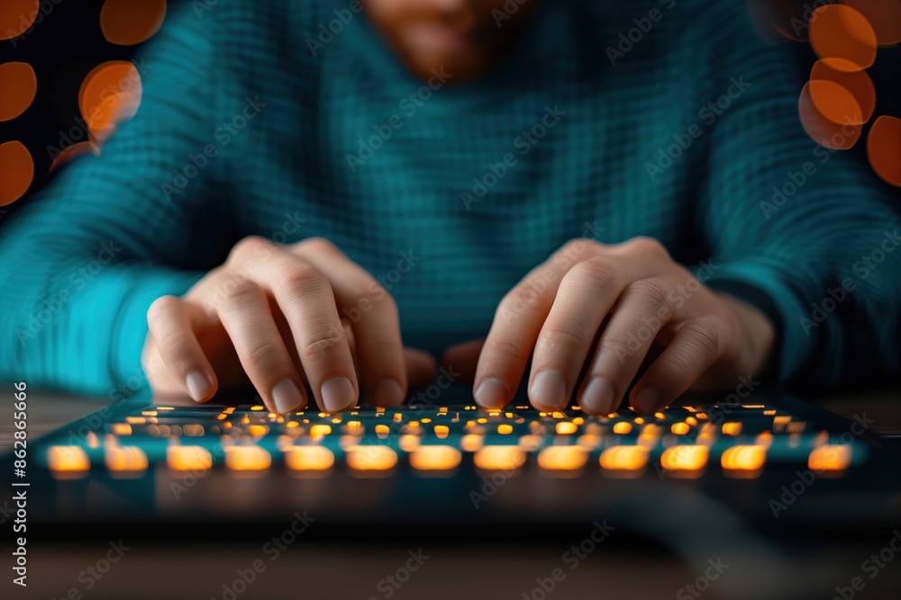 Poster hands typing on illuminated keyboard. close-up of hands typing on an illuminated keyboard with orang