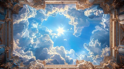 Heavenly Ceiling Mural: Blue Sky with Baroque Frame