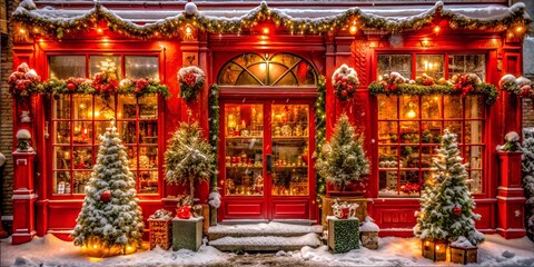 The entrance to the store, decorated for Christmas, is covered with snow. Christmas trees, garlands, balls and falling snow. The atmosphere of anticipation of the holiday and New Year's miracle. 
