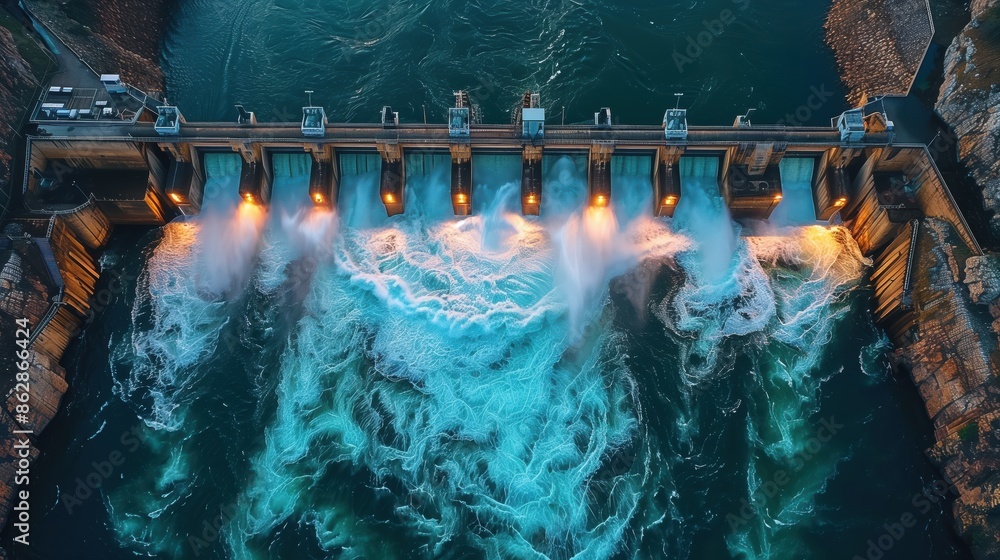 Wall mural top-view of hydroelectric dam at night. top-view of a hydroelectric dam at night, with illuminated s