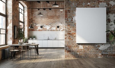 Modern kitchen with a blank canvas on the wall