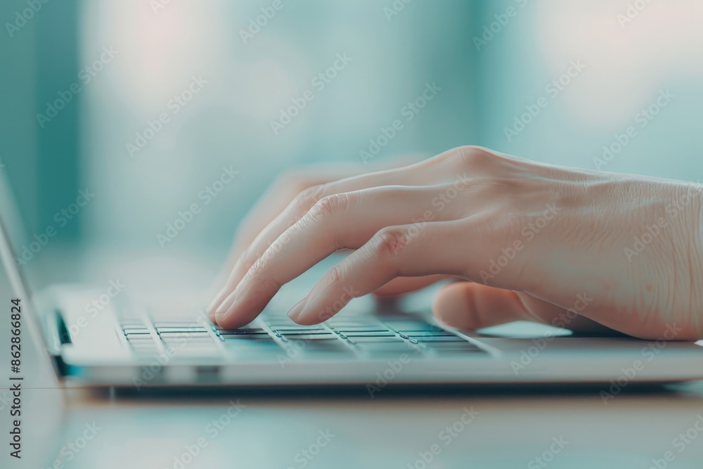 Poster cybersecurity concept: hand entering complex password on laptop keyboard in minimalist setting