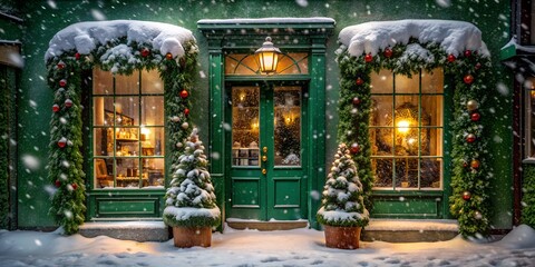The entrance to the store, decorated for Christmas, is covered with snow. Christmas trees, garlands, balls and falling snow. The atmosphere of anticipation of the holiday and New Year's miracle. 
