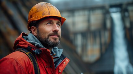 Engineer in Hard Hat at Hydroelectric Dam. Close-up of an engineer wearing an orange hard hat and red jacket, standing in front of a hydroelectric dam, highlighting his role in renewable energy.