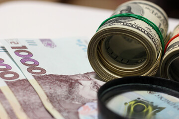 Ukrainian hryvnia and dollar bills (the last one twisted into tube)