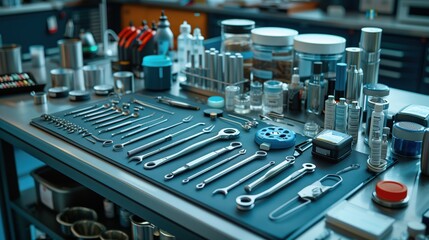 Assorted Surgical Tools on Lab Table. Assorted surgical tools arranged on a lab table with various medical supplies, showcasing the range of instruments used in medical practice.