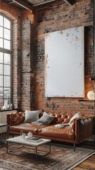 Industrial living room with a blank canvas on the wall