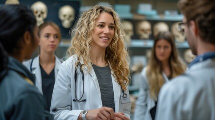Female Doctor leading anatomy discussion. Female Doctor leads a discussion on human anatomy, surrounded by anatomical models and diagrams.