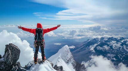 A climber in a red jacket stands triumphantly on a snowy peak, overlooking a stunning mountain view.