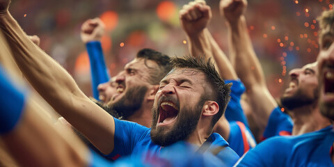 Elated athletes celebrate victory, cheering with joy, hands raised, and unity in a stadium.