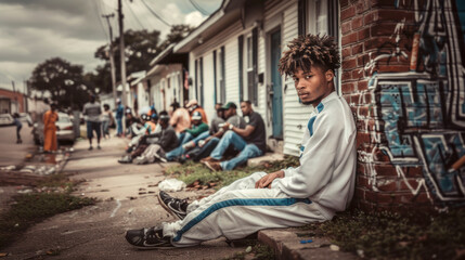 Male teen sitting on pavement in poor city area, crowd of drug users hanging out nearby