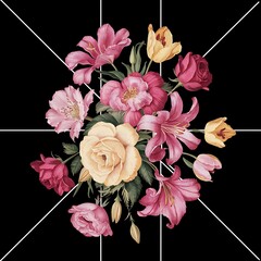Beautiful bunch of colorful flowers on black background in vintage style festive flowers concept