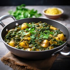 Delicious Saag Aloo in Pan with Fresh Garnish