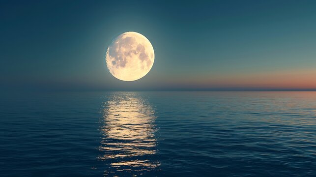 Full moon rising over a tranquil sea its reflection shimmering across the water's surface