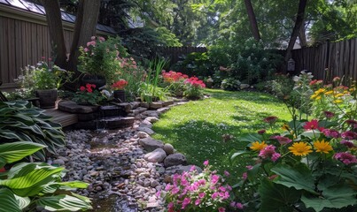 A backyard garden with blooming flowers