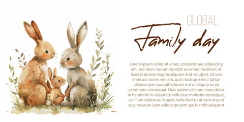 Vector illustration for Family Day. Family of cute rabbits watercolor illustration. Mom and Dad's Day. Flyer with place for text