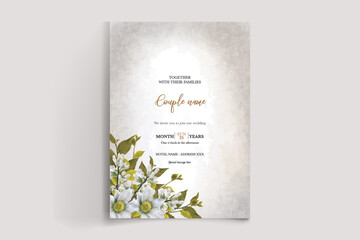 WEDDING INVITATION FRAME WITH FLOWER DECORATIONS AND FRESH LEAVES 