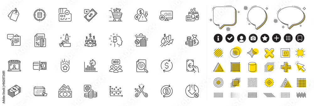 Poster set of report timer, auction and inspect line icons for web app. design elements, social media icons