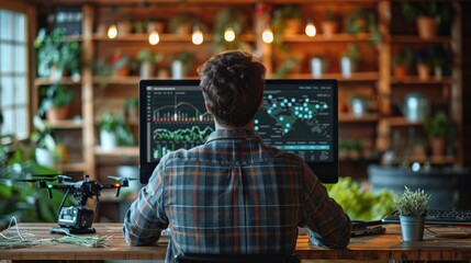 Obraz premium Data Analytics in Agriculture: a farmer analyzing data visualizations on a screen, derived from multiple sources including drones, sensors, and satellite imagery, showcasing data-driven farming.