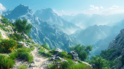 High mountain pass with rugged terrain and a narrow path winding through it under a clear sky