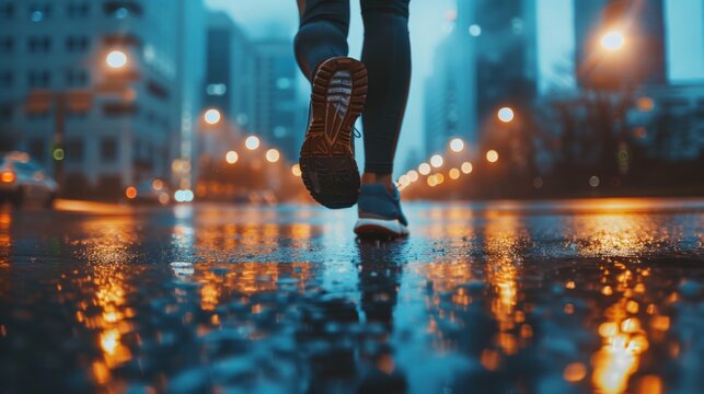 Runner's Footsteps in Rainy City at Dusk - Generative AI