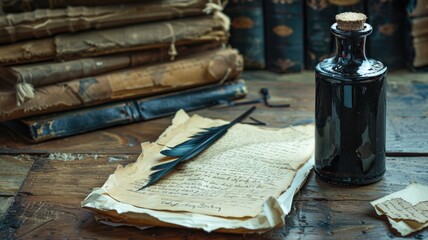Vintage writing desk with parchment, feather quill, and ink bottle