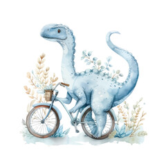 Watercolor beautiful cute dinosaurs on a bicycle. Vector illustration.