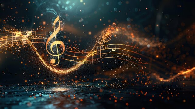 Glowing musical notes and staff lines on dark background with swirling light effects