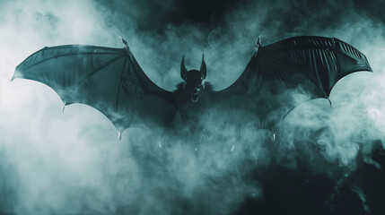 Giant vampire bat with open wings on dark background with smoke
