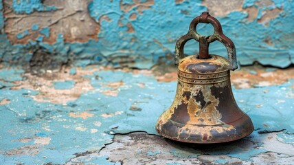 Rusty bell on chipped blue paint background, symbolizing decay