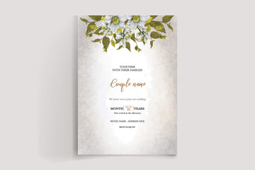 WEDDING INVITATION FRAME WITH FLOWER DECORATIONS AND FRESH LEAVES 