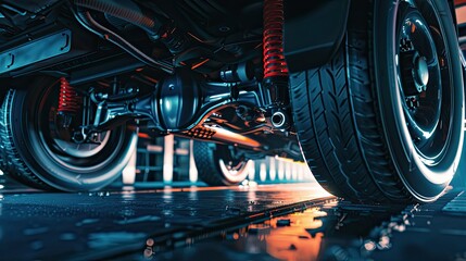 Obraz premium Undercarriage of a Car with Red Shocks.