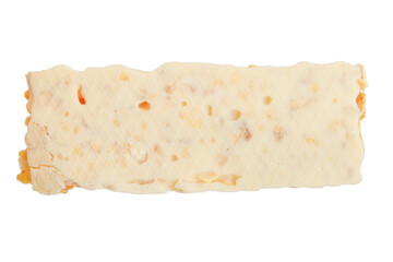 Protein oat bar in white chocolate on empty background
