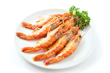 Delicious shrimps on white plate isolated on white background