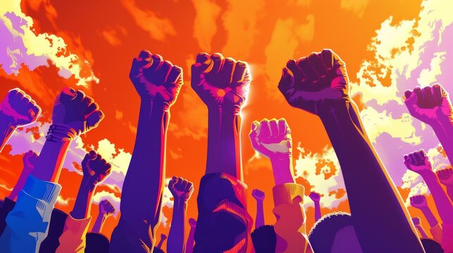 Diverse people raise their fists in unity and strength against a vibrant, colorful sunset sky
