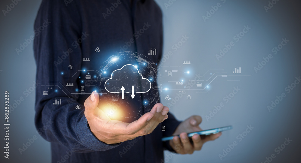 Wall mural cloud computing shown in hand cloud technology data storage, data transfer, network and internet ser